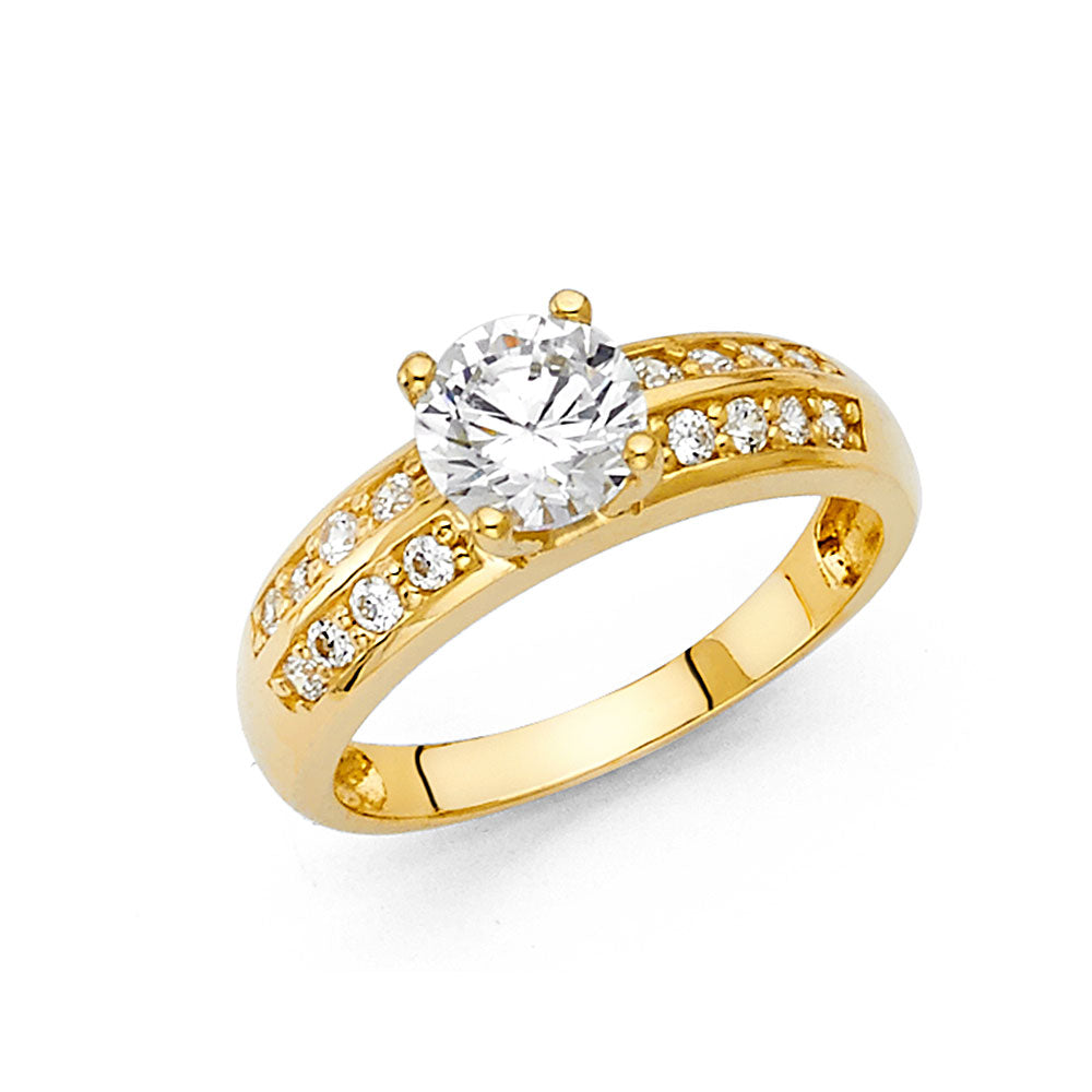 14K yellow gold engagement ring with round cubic zirconia center stone and side CZ accents polished band on white background