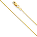 14K yellow gold round snake chain necklace, 0.7mm wide, 18 inches, lobster clasp, on white background