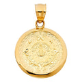 14K yellow gold small Aztec calendar pendant 28mm engraved sun stone design round medallion on white background