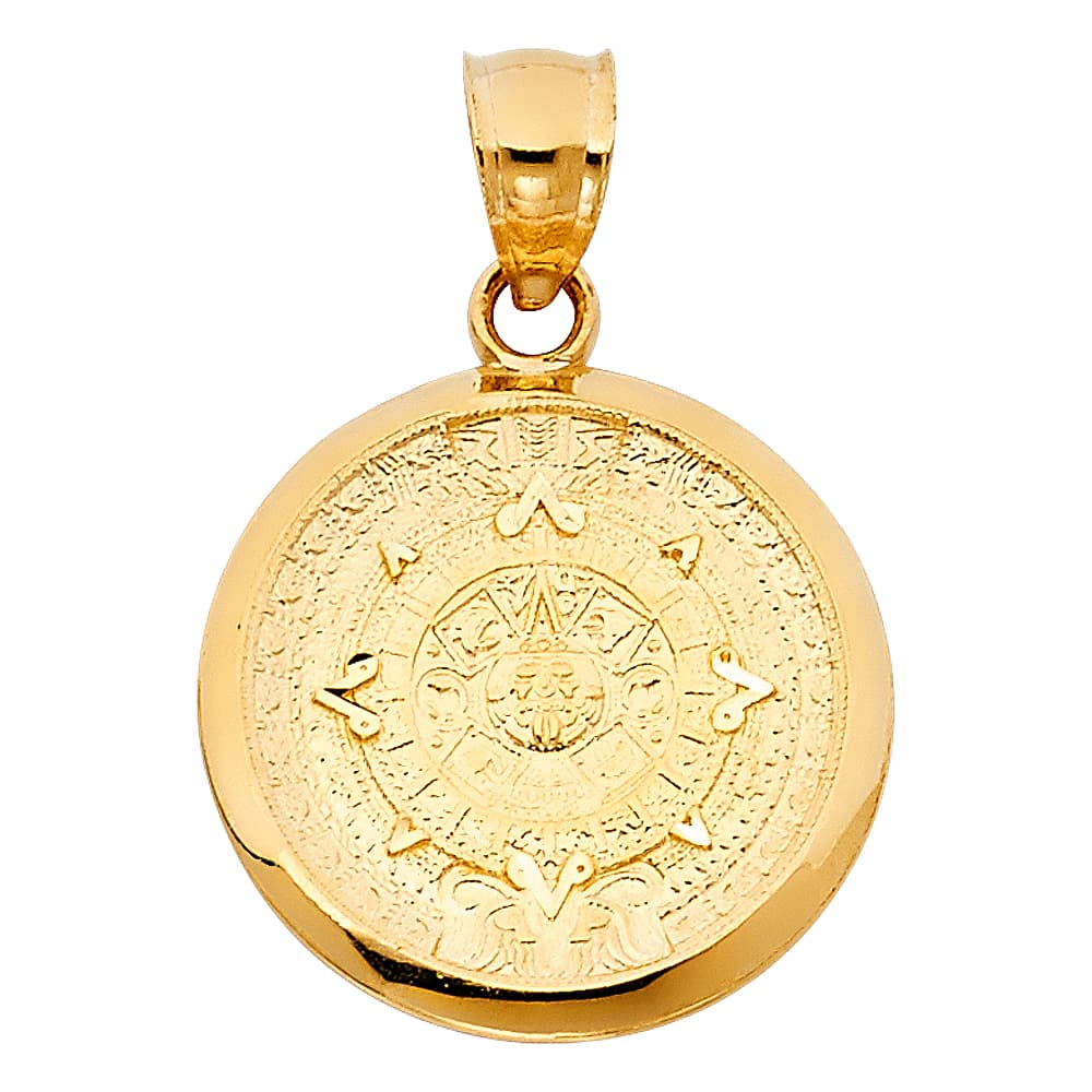 14K yellow gold small Aztec calendar pendant 28mm engraved sun stone design round medallion on white background