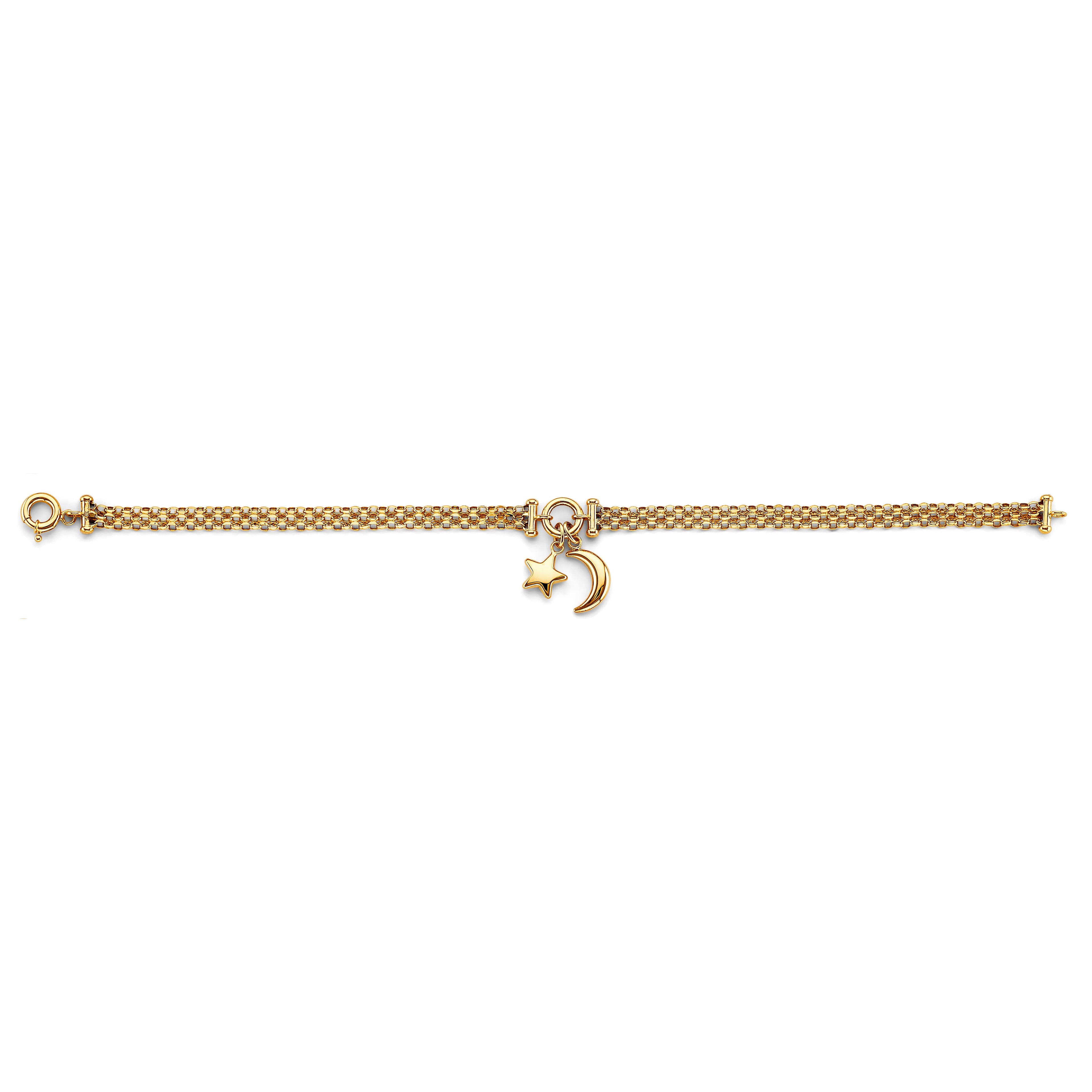 14K yellow gold wide mesh chain bracelet with dangling star and crescent moon charms on white background