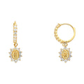 14K yellow gold Virgen de Guadalupe huggie earrings with cubic zirconia and polished finish on white background