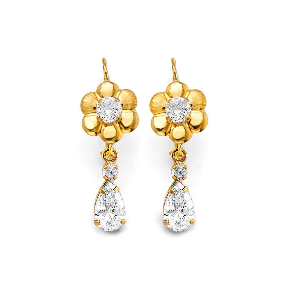 14K yellow gold flower and pear drop earrings with satin flower top, round white CZ center, and pear white CZ drop, kidney wire closure, on white background