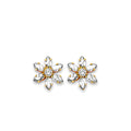 14K yellow gold flower stud earrings with marquise-cut white CZ petals and round white CZ center, screw back closure, on white background