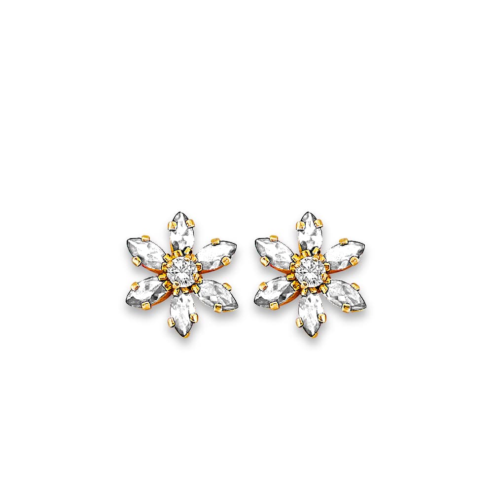 14K yellow gold flower stud earrings with marquise-cut white CZ petals and round white CZ center, screw back closure, on white background