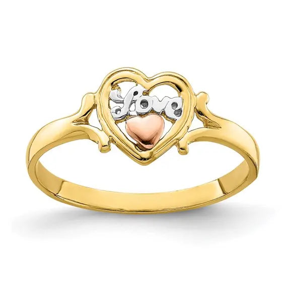 A yellow gold ring featuring a heart-shaped setting with a white gold 'love' script and a small rose gold heart in the center, shown on a white background.