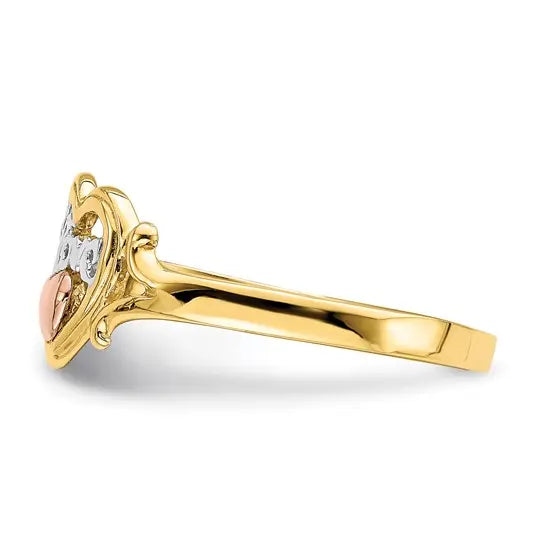 14K yellow and rose gold LOVE heart ring side view with rhodium accents and polished band on white background