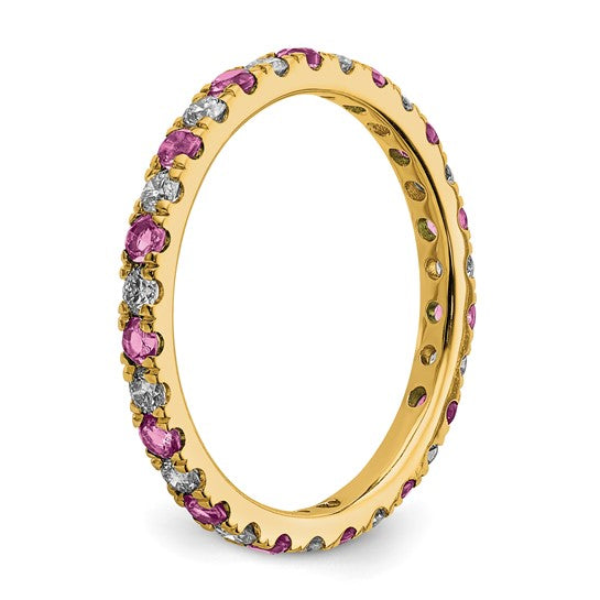14k yellow gold eternity band with lab diamonds and pink sapphires full circle top view stacking ring elegant gift jewelry