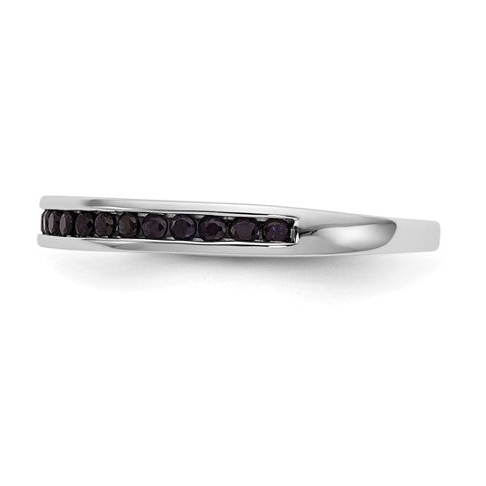 14k white gold sapphire channel wedding band side profile showing natural blue sapphires and polished finish stacking ring
