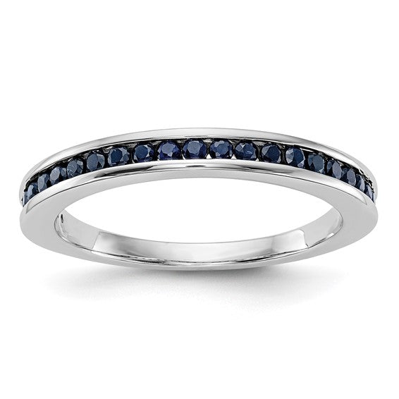 14k white gold wedding band with natural blue sapphires channel set top view classic stacking ring gift jewelry