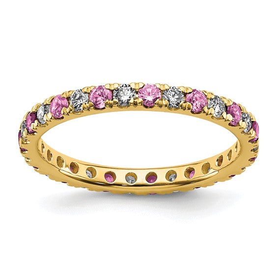 14k yellow gold eternity ring with lab grown diamonds and pink sapphires alternating design angled side view fine jewelry