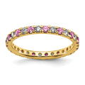 14k yellow gold eternity ring with lab grown diamonds and pink sapphires alternating design angled side view fine jewelry