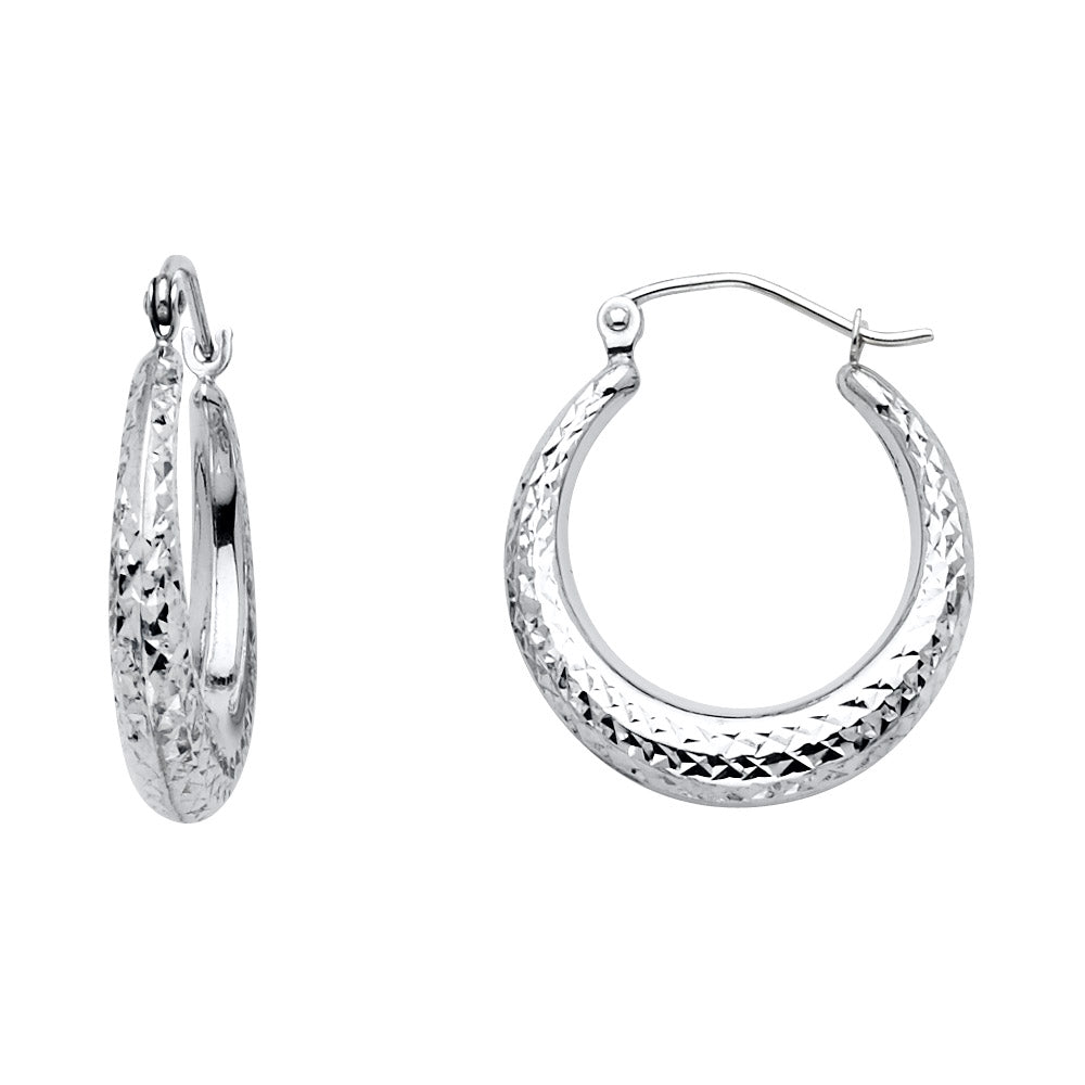 14K White Gold Diamond-Cut Moon Shape Hoop Earrings