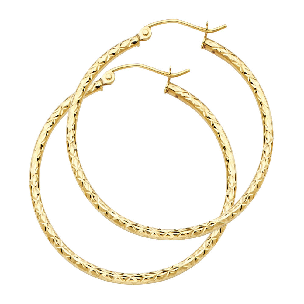14K Gold Silk Diamond-Cut 1.5mm Round Tube Hoop Earrings