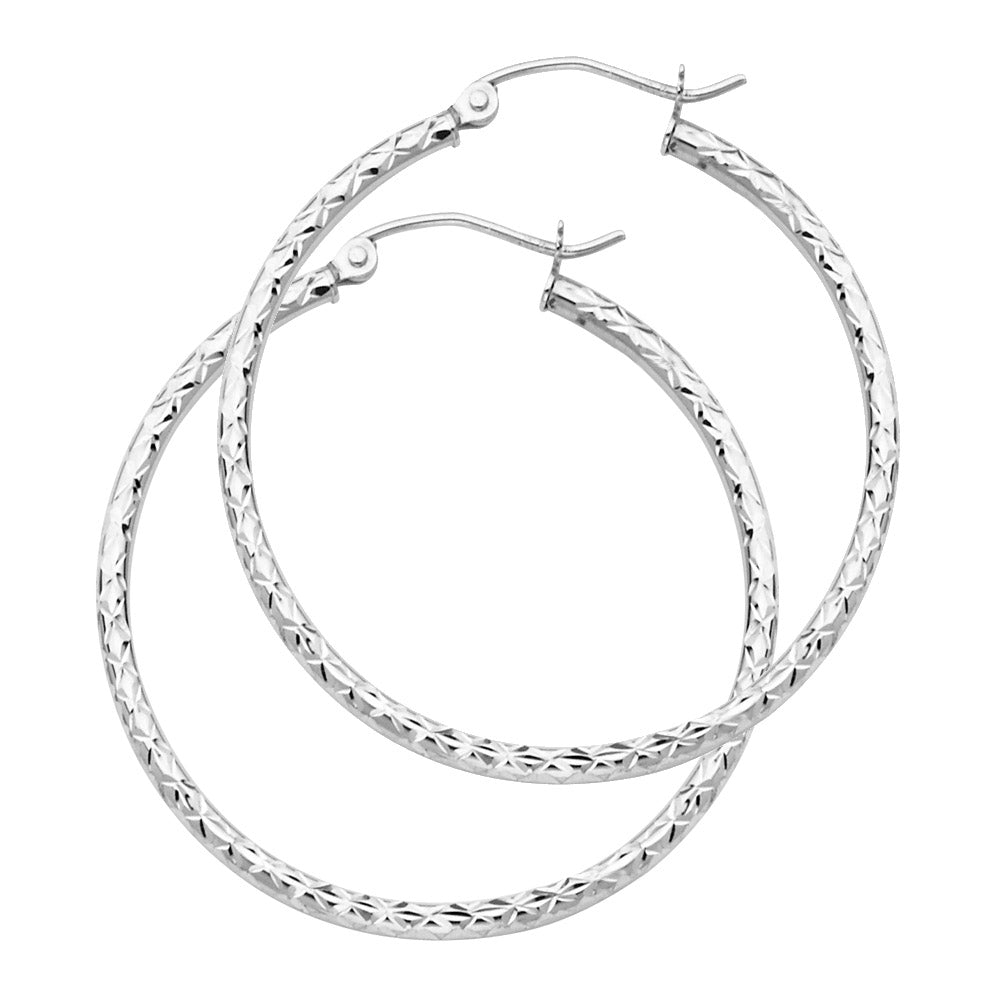 14K White Gold Silk Diamond-Cut 1.5mm Round Tube Hoop Earrings