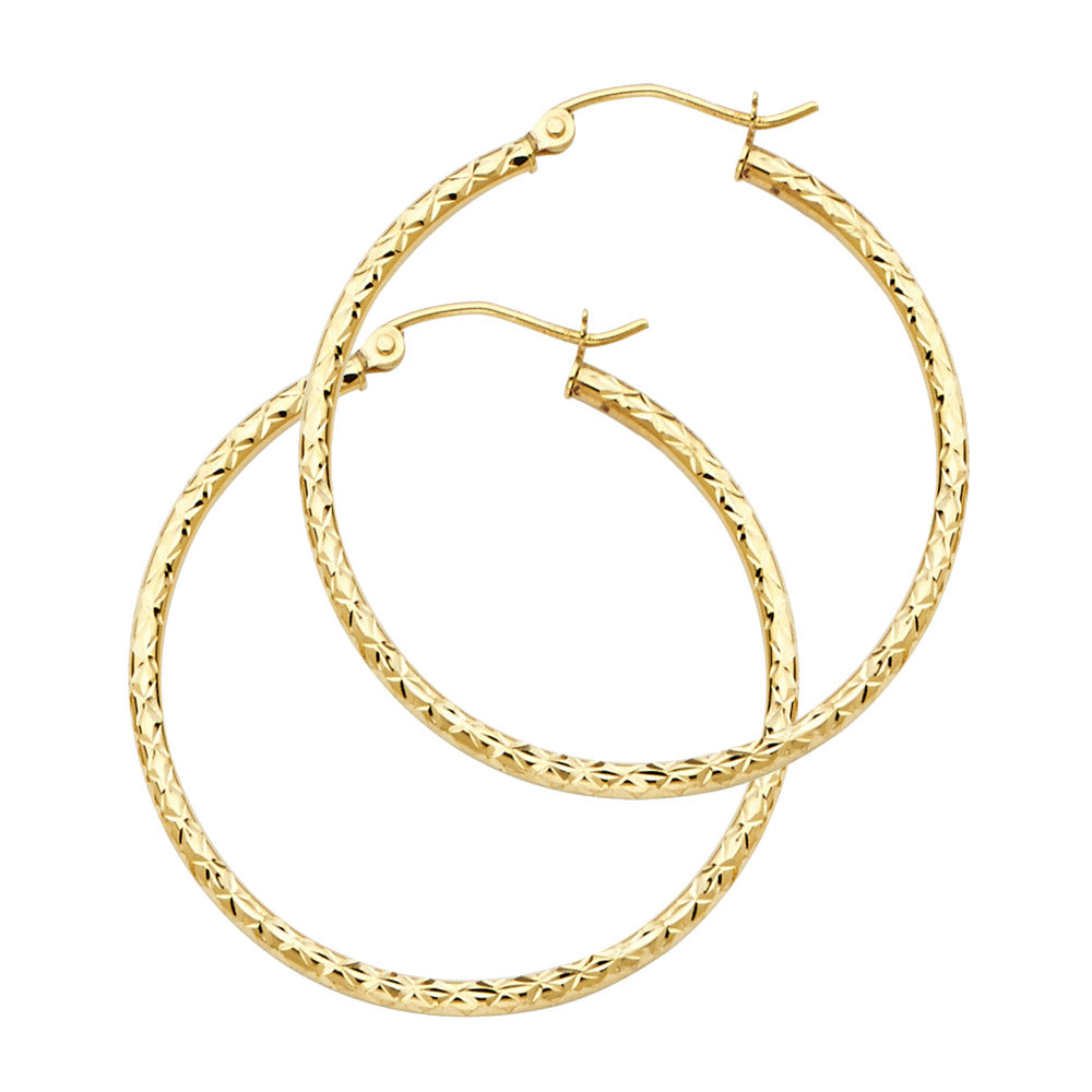 14K Gold Silk Diamond-Cut 1.5mm Round Tube Hoop Earrings