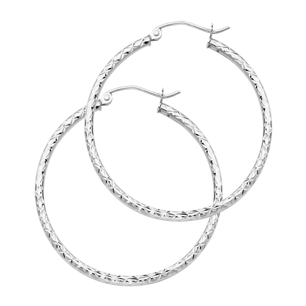 14K White Gold Silk Diamond-Cut 1.5mm Round Tube Hoop Earrings