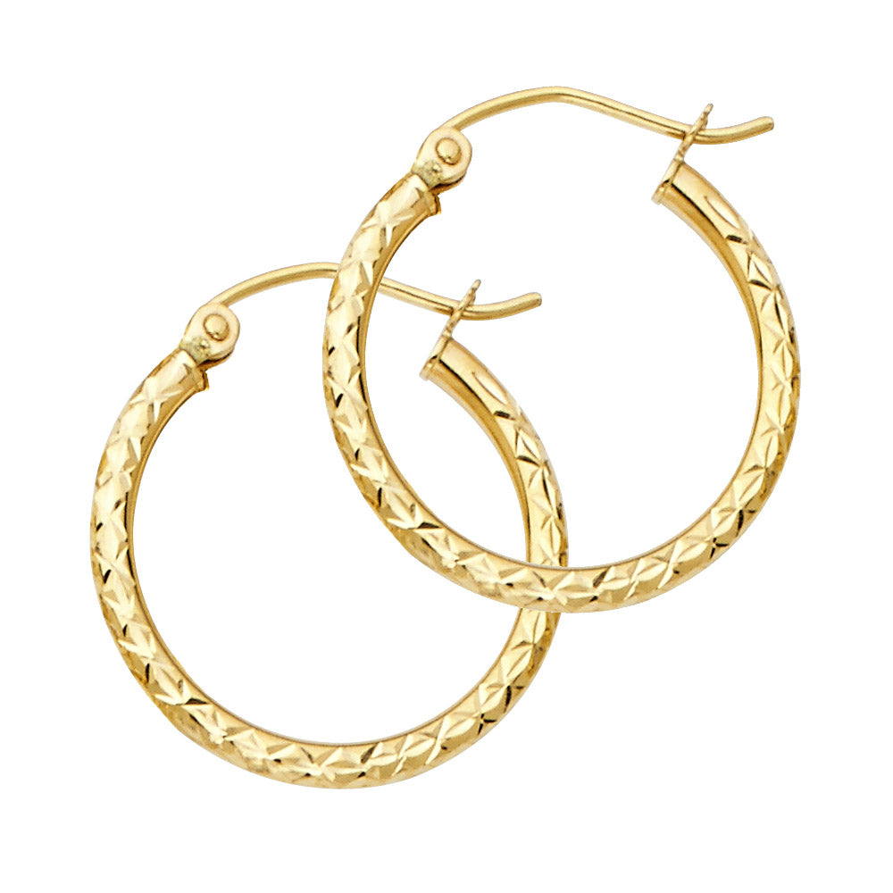 14K Gold Silk Diamond-Cut 1.5mm Round Tube Hoop Earrings