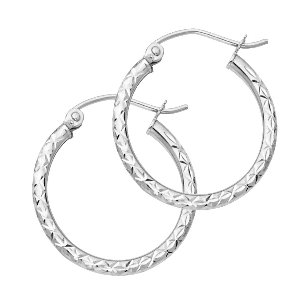 14K White Gold Silk Diamond-Cut 1.5mm Round Tube Hoop Earrings