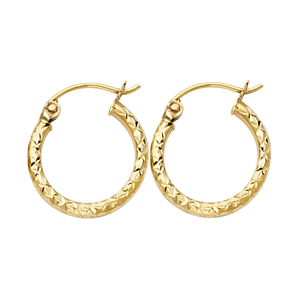 14K Gold Silk Diamond-Cut 1.5mm Round Tube Hoop Earrings