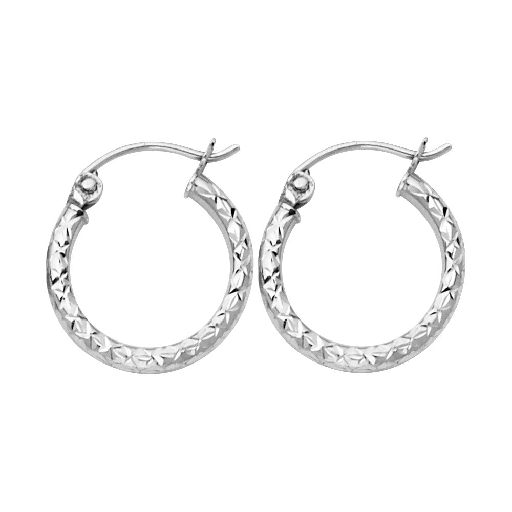 14K White Gold Silk Diamond-Cut 1.5mm Round Tube Hoop Earrings