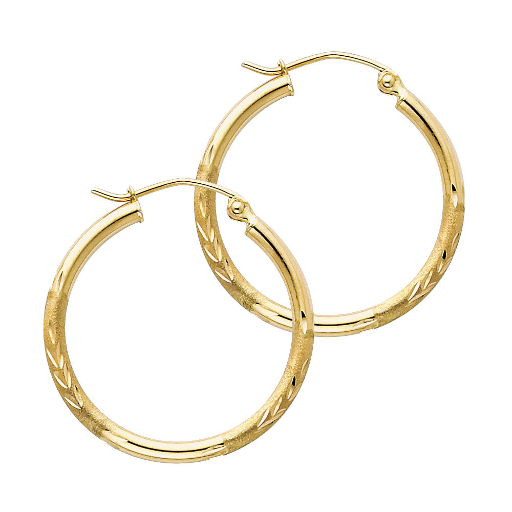 14K Yellow Gold Diamond-Cut Satin Round Tube Hoop Earrings – 2mm