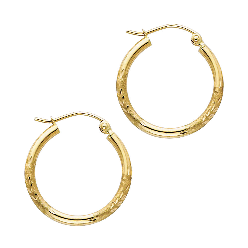 14K Yellow Gold 2mm Budded Diamond-Cut Round Tube Hoop Earrings