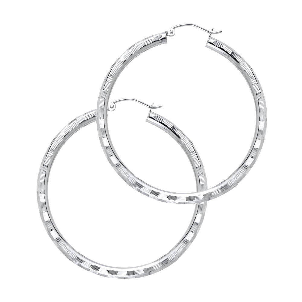 14K White Gold 3mm Diamond-Cut Hoop Earrings