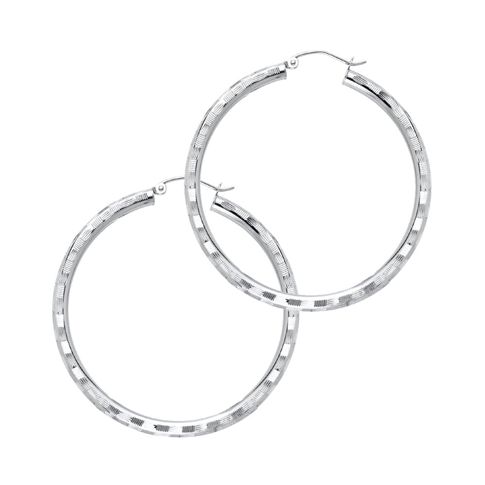 14K White Gold 3mm Diamond-Cut Hoop Earrings