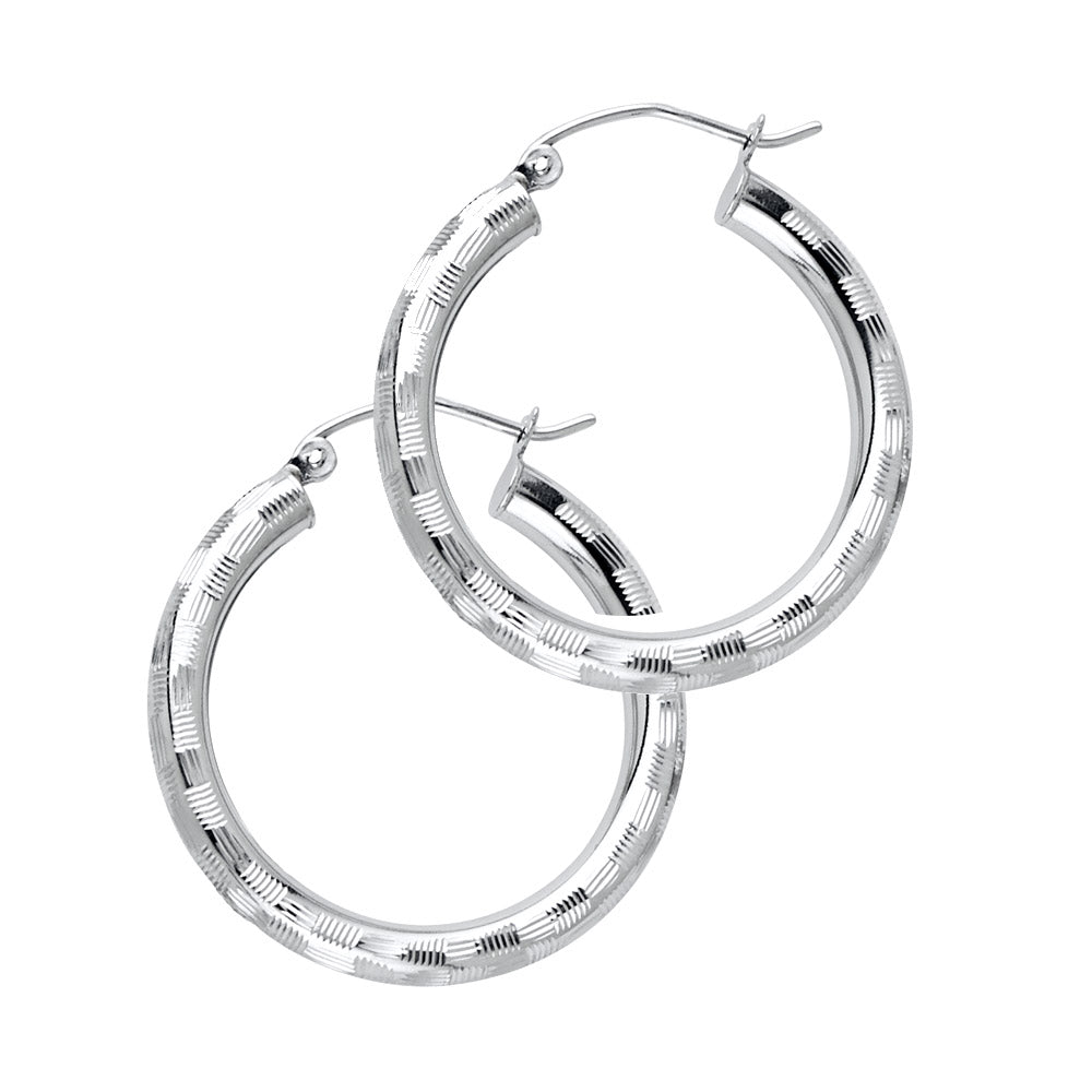 14K White Gold 3mm Diamond-Cut Hoop Earrings