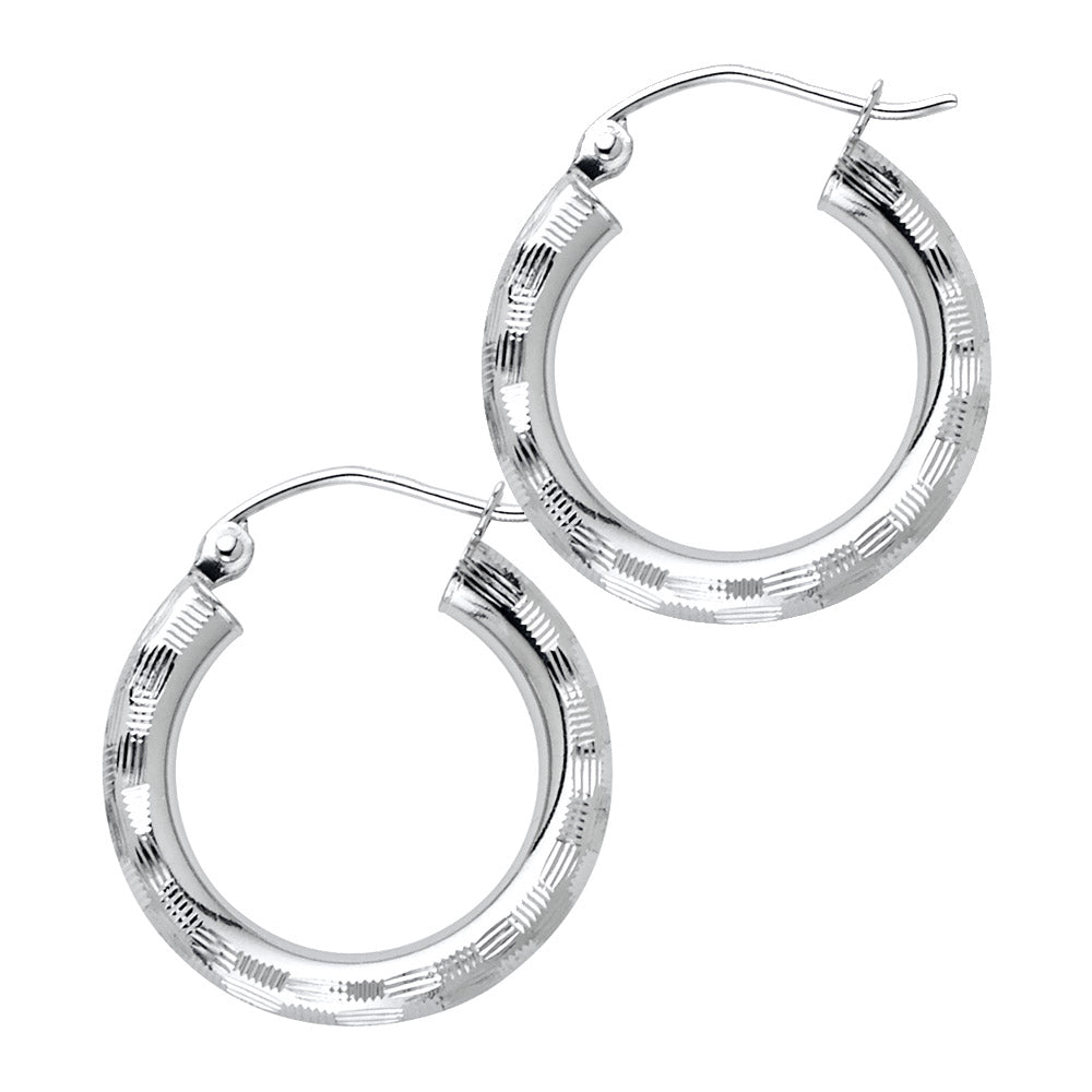 14K White Gold 3mm Diamond-Cut Hoop Earrings