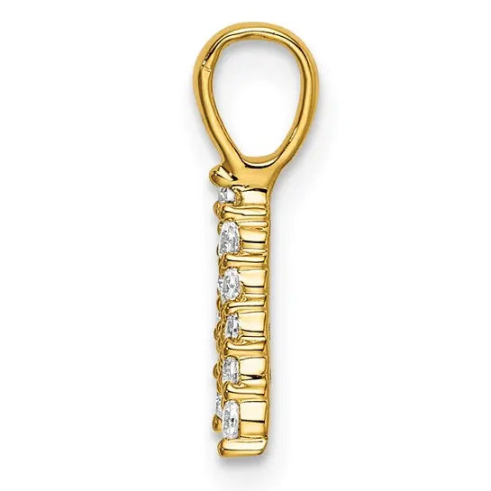 14K yellow gold letter A initial pendant side view showing raised diamond settings on white background