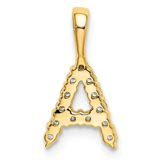 14K yellow gold letter A initial pendant back view showing open-back construction on white background