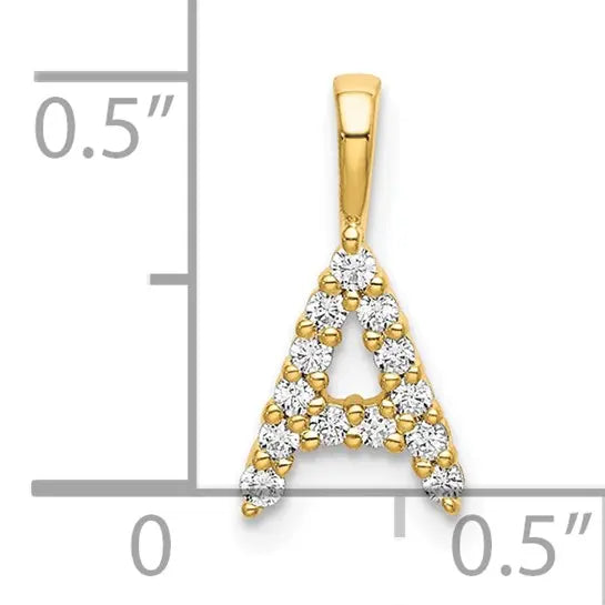 14K yellow gold letter A lab grown diamond pendant with half-inch size reference on white background