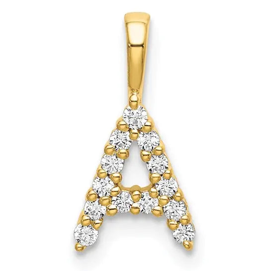 14K yellow gold letter A initial pendant front view with 13 round lab grown diamonds on white background