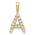 14K yellow gold letter A initial pendant front view with 13 round lab grown diamonds on white background