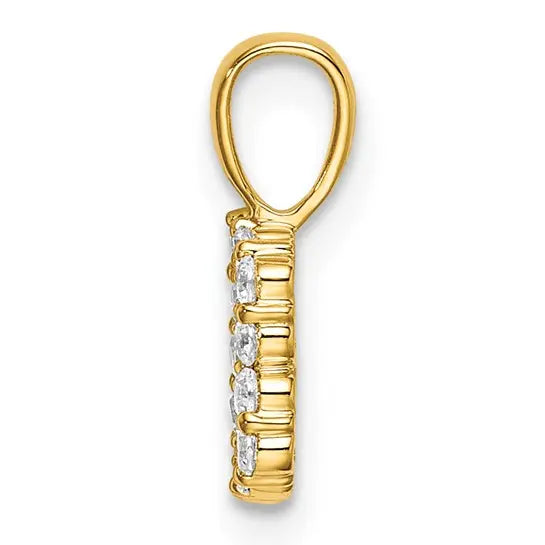 14K yellow gold lab grown diamond initial B pendant side view showing raised prong settings on white background