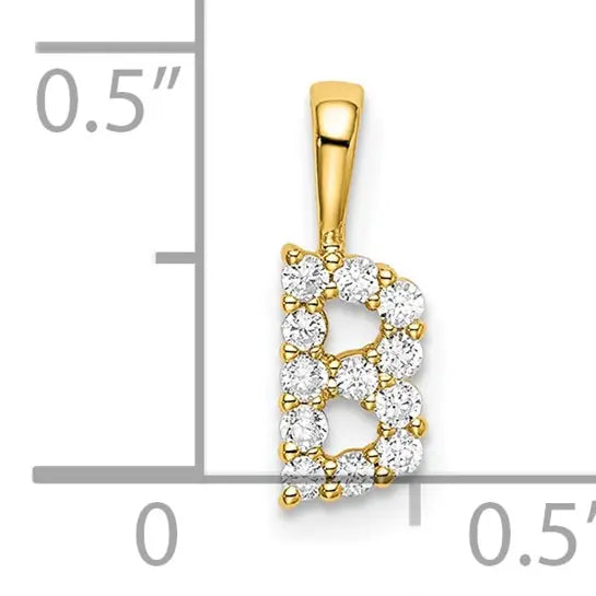 14K yellow gold 1/8 carat lab grown diamond initial B pendant shown beside inch scale on white background