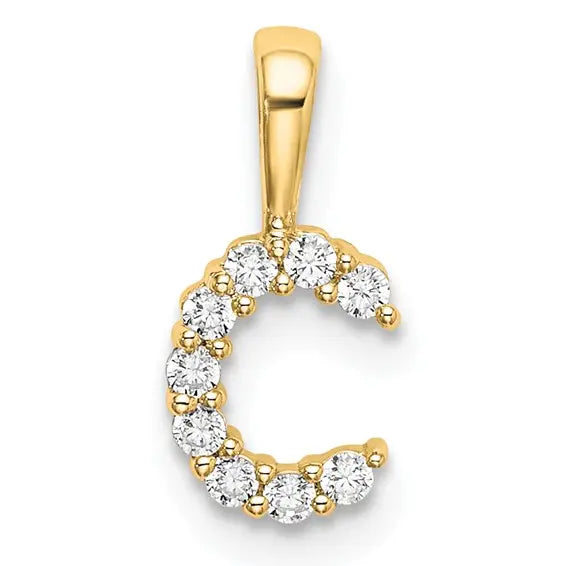 14K yellow gold 1/10 carat lab grown diamond initial C pendant front view with 9 round diamonds on white background
