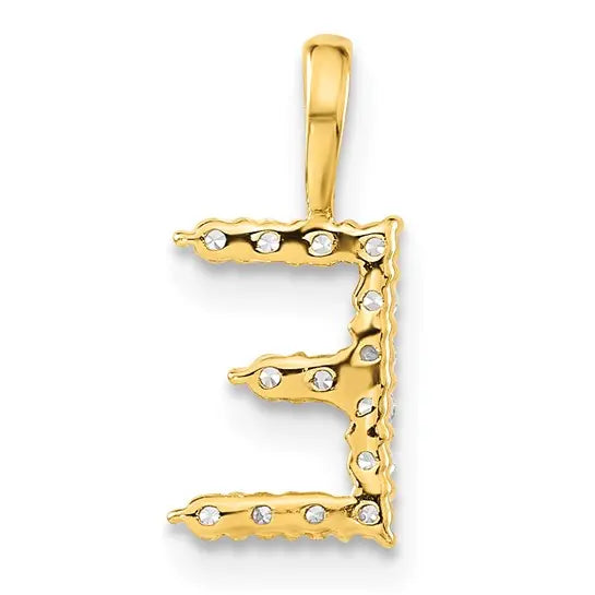 14K yellow gold lab grown diamond initial E pendant back view showing open-back profile on white background