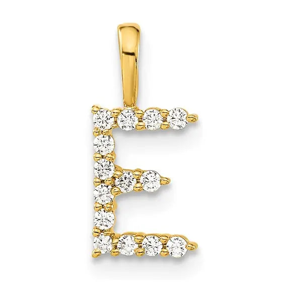 14K yellow gold 1/8 carat lab grown diamond initial E pendant front view with 14 round diamonds on white background