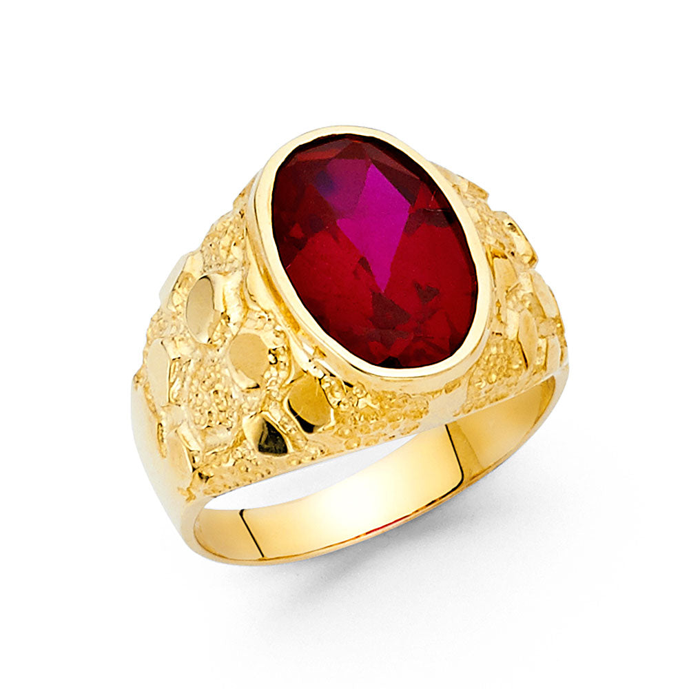 14K gold ring with a January red CZ on a white background
