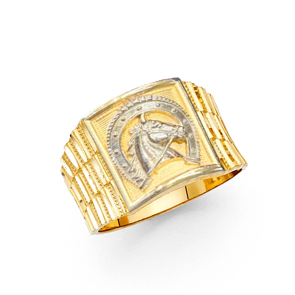 14K gold ring with a detailed horse shoe on a white background