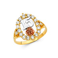 14K Tri-Color Gold Quinceañera Ring with CZ Halo & Rose Gold Rose – Sweet 15 Ring