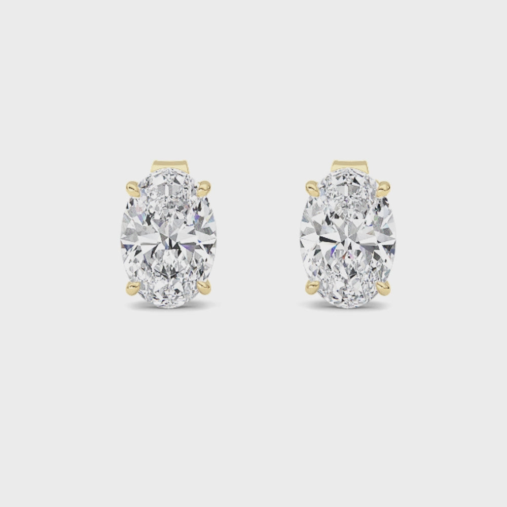 14K Yellow Gold 4ct IGI Lab Grown Diamond Oval Stud Earrings – 360° View